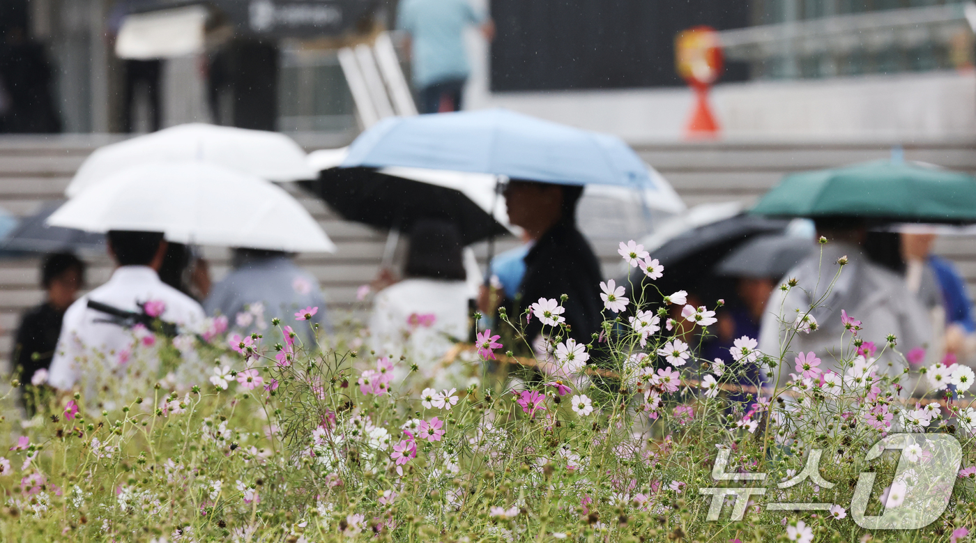 (수원=뉴스1) 김영운 기자 = 수도권 곳곳에 가을비가 내린 10일 경기 수원시 영통구 경기도청 인근에서 시민들이 우산을 쓰고 지나가고 있다. 2025.10.10/뉴스1