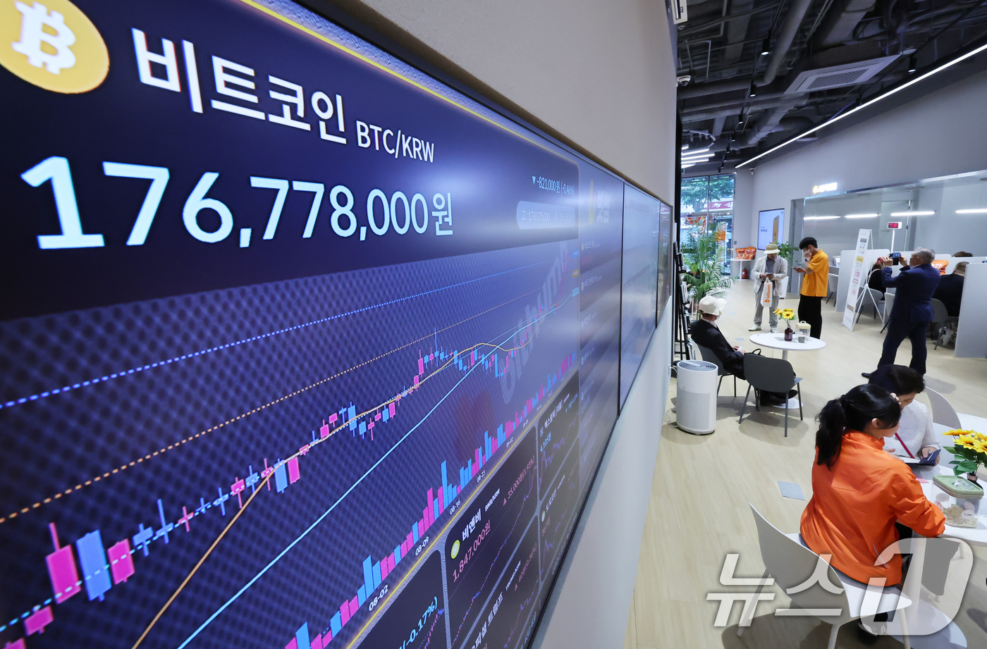 (서울=뉴스1) 장수영 기자 = 10일 오후 서울 서초구 빗썸 라운지에 비트코인 등 가상자산 시세가 표시되고 있다.추석 연휴기간 최고가를 경신한 비트코인은 이날 소폭 하락한 1억 …