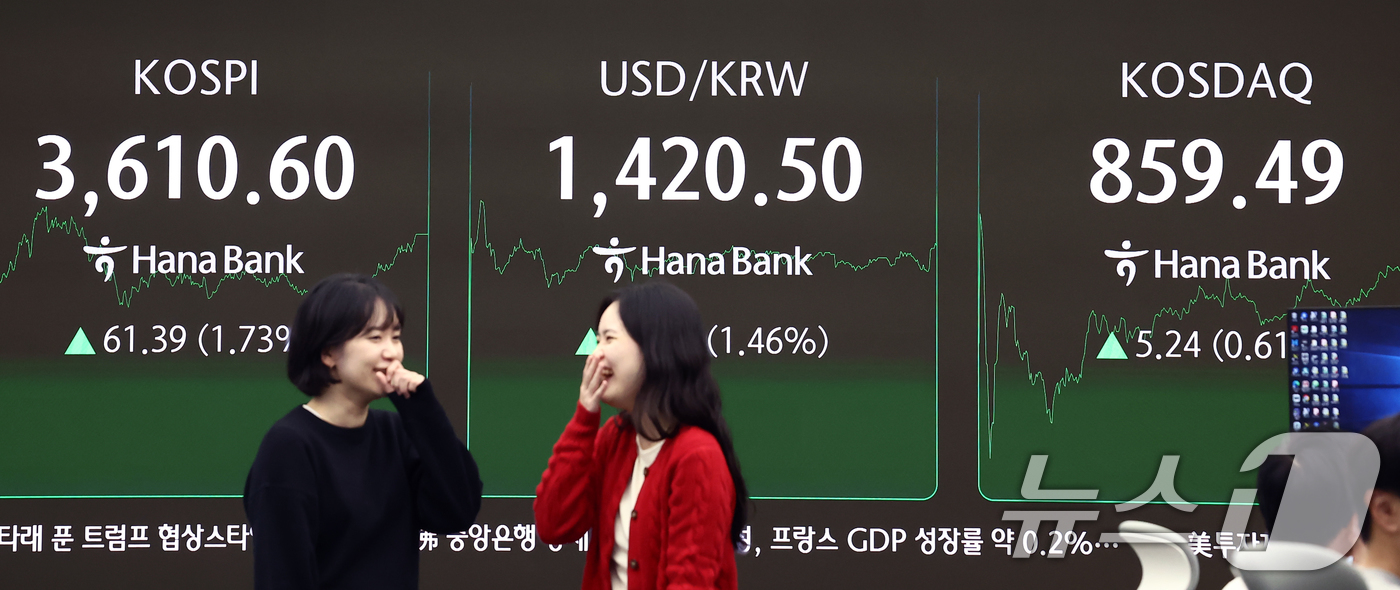 (서울=뉴스1) 김민지 기자 = 코스피가 사상 처음으로 3610선으로 상승 마감한 10일 오후 서울 중구 하나은행 딜링룸에서 딜러들이 업무를 보고 있다.이날 코스피는 전 거래일(3 …
