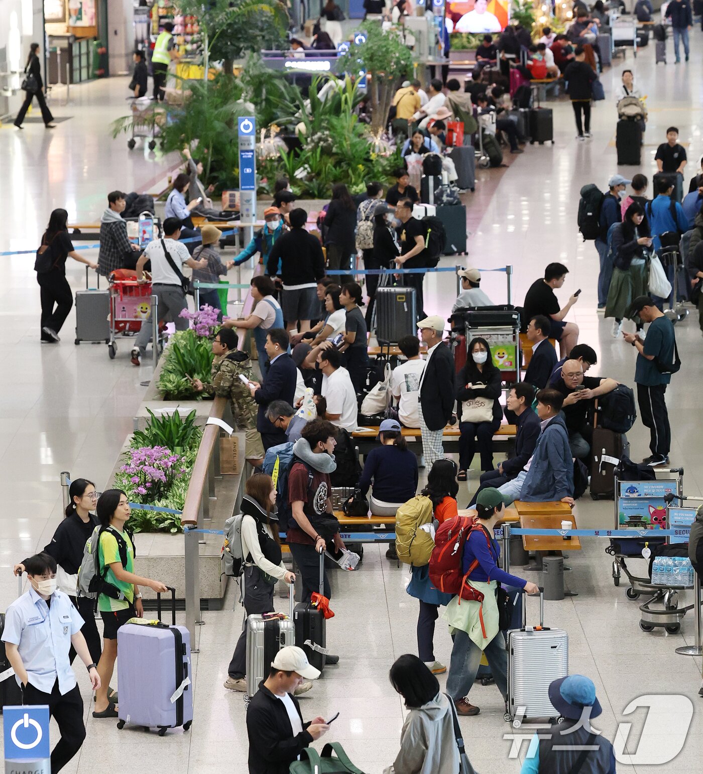 본문 이미지 - 추석 황금연휴를 해외에서 보내고 돌아온 여행객들이 12일 인천국제공항 1터미널로 귀국하고 있다. 2025.10.12/뉴스1 ⓒ News1 오대일 기자