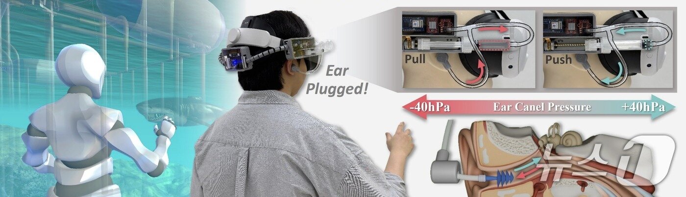 본문 이미지 - &#39;EarPressure VR&#39; 시스템 개요. 사용자가 물속 하강이나 고도 상승 시 경험하는 귀 먹먹함 감각을 직접 체험할 수 있는 착용형 햅틱 피드백 장치이다. &#40;지스트 제공, 재판매 및 DB 금지&#41;/뉴스1 