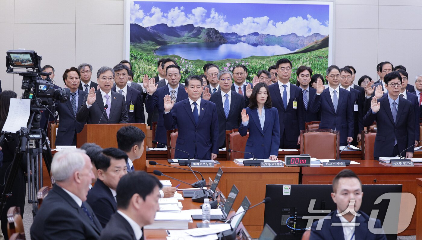 본문 이미지 - 조현 외교부 장관이 13일 서울 여의도 국회 외교통일위원회에서 열린 외교부 등에 대한 국정감사에서 증인 선서를 하고 있다. 2025.10.13/뉴스1 ⓒ News1 신웅수 기자