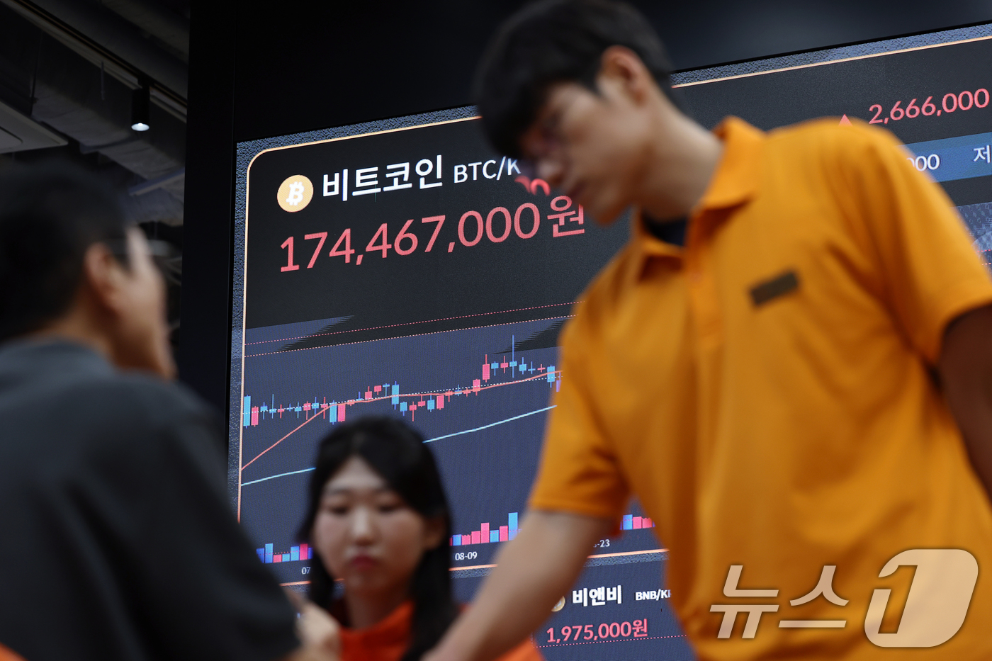 (서울=뉴스1) 박정호 기자 = 도널드 트럼프 미국 대통령의 중국에 대한 우호적인 발언 영향에 비트코인(BTC) 가격이 반등한 13일 서울 서초구 강남대로 빗썸라운지에 비트코인 등 …