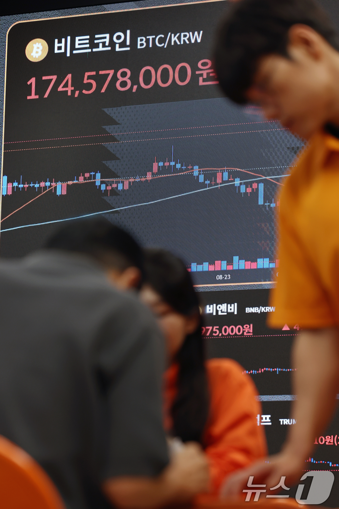 (서울=뉴스1) 박정호 기자 = 도널드 트럼프 미국 대통령의 중국에 대한 우호적인 발언 영향에 비트코인(BTC) 가격이 반등한 13일 서울 서초구 강남대로 빗썸라운지에 비트코인 등 …