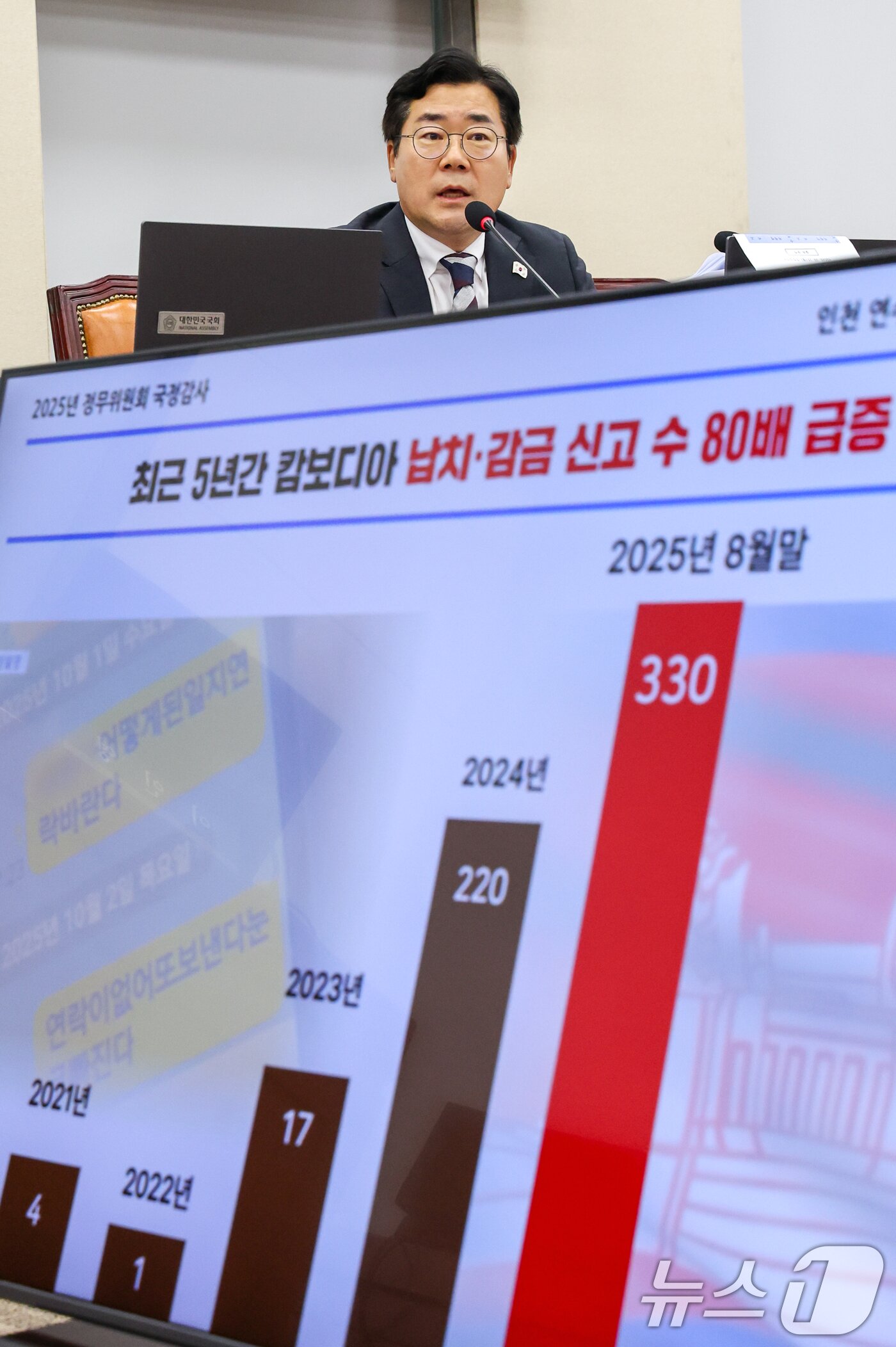 본문 이미지 - 박찬대 더불어민주당 의원이 13일 서울 여의도 국회에서 열린 정무위원회 국정감사에서 캄보디아 한국인 감금 피해 및 사망 사건 관련 질의하고 있다. 2025.10.13/뉴스1 ⓒ News1 안은나 기자