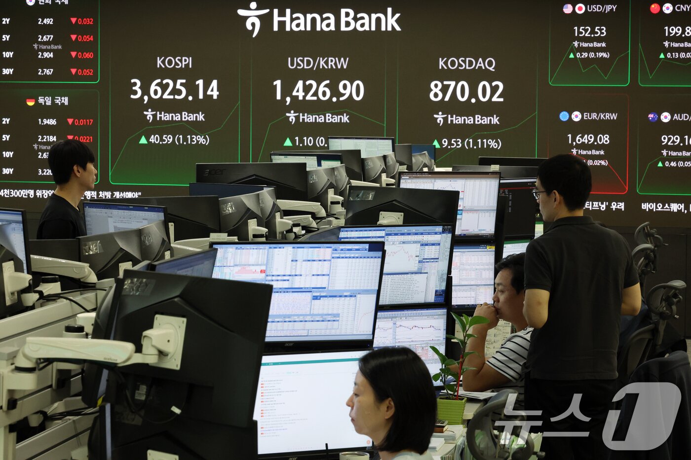 본문 이미지 - 14일 오전 서울 중구 하나은행 본점 딜링룸 전광판에 개장 시황이 표시되어 있다. 2025.10.14/뉴스1 ⓒ News1 박정호 기자