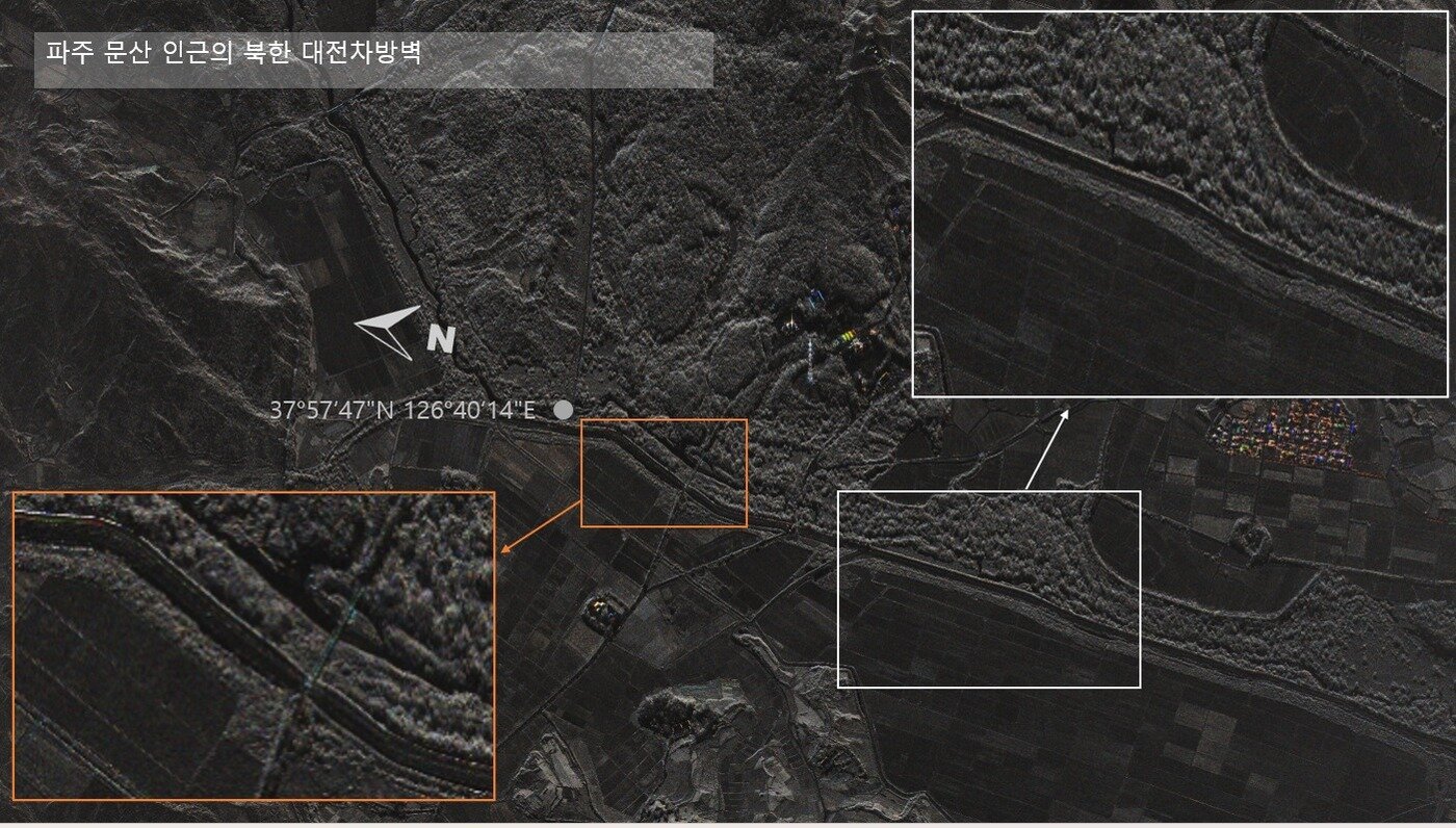 Satellite image showing the installation of an anti-tank barrier along the North Korean border / Provided by Yoo Yong-won, People Power Party member