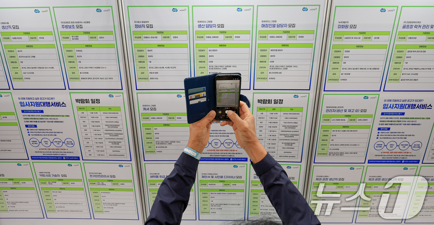 (고양=뉴스1) 이호윤 기자 = 14일 경기도 일산 킨텍스 제2전시장에서 열린 ‘경기도 5070 일자리 박람회’를 방문한 구직자가 구인공고를 살펴보고 있다. 이번 박람회는 채용기업 …