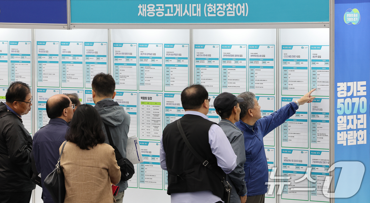 (고양=뉴스1) 이호윤 기자 = 14일 경기도 일산 킨텍스 제2전시장에서 열린 ‘경기도 5070 일자리 박람회’를 방문한 구직자들이 구인공고를 살펴보고 있다. 이번 박람회는 채용기 …