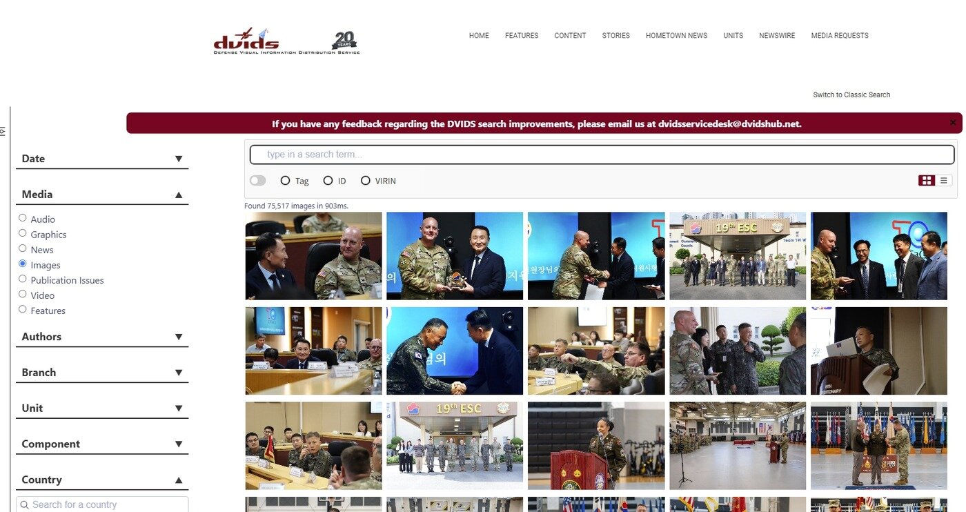 본문 이미지 - DVIDS에서는 전 세계 미군의 시각자료를 볼 수 있다. 사진은 한국에서 발생한 미군 관련 이벤트를 검색한 모습.