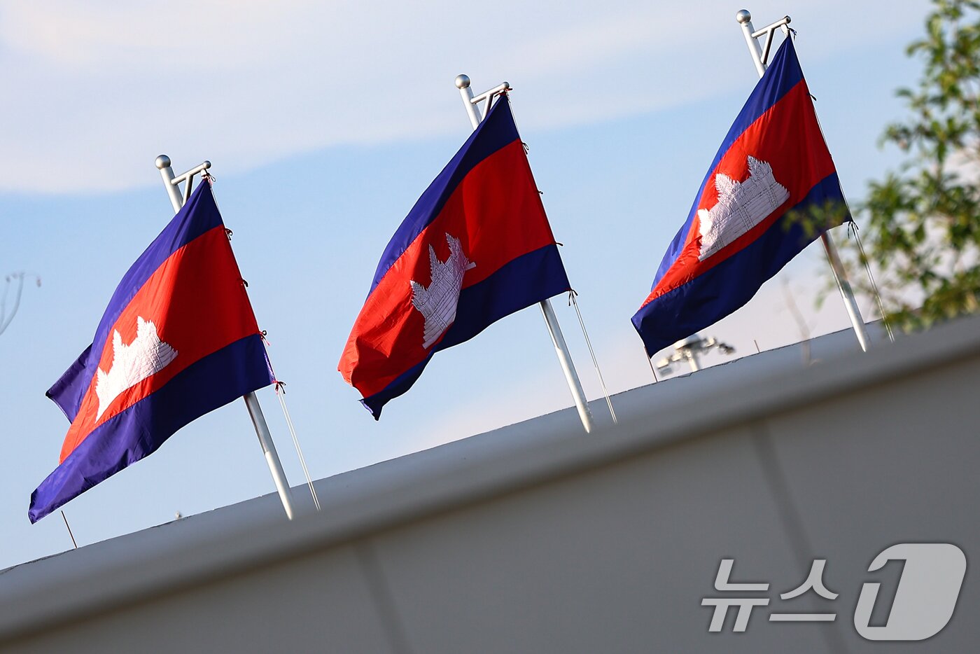 본문 이미지 - 최근 캄보디아에서 한국인 대상 취업사기 및 감금 사건 등 각종 범죄에 연루된 사례가 수면 위로 드러나고 있다. 사진은 15일&#40;현지시간&#41; 캄보디아 테초국제공항에 게양된 캄보디아 국기. 2025.10.15/뉴스1 ⓒ News1 김도우 기자