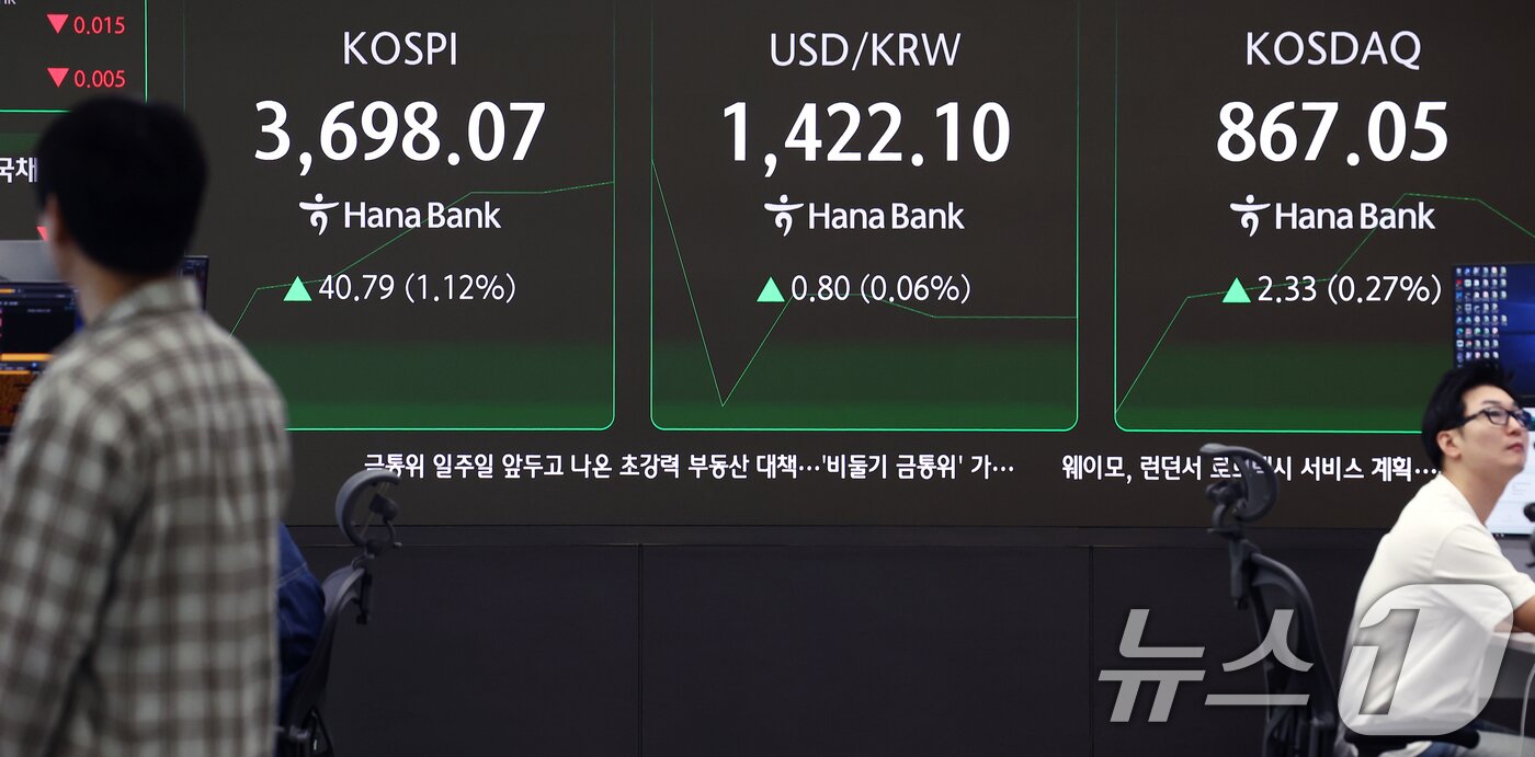 본문 이미지 - 16일 오전 서울 중구 하나은행 딜링룸 전광판에 개장 시황이 나오고 있다.  2025.10.16/뉴스1 ⓒ News1 김민지 기자