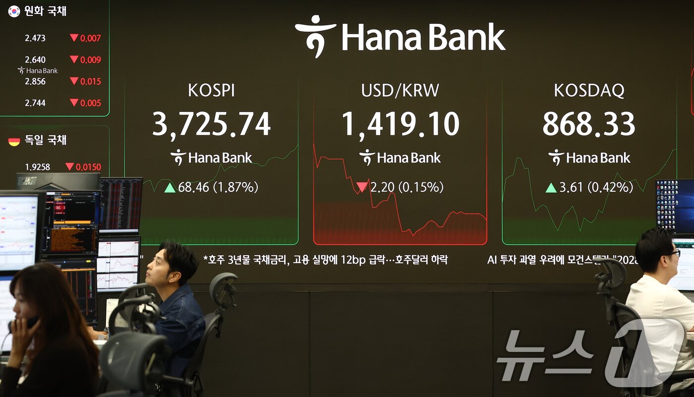 본문 이미지 - 코스피가 사상 첫 3720선을 돌파한 16일 오전 서울 중구 하나은행 딜링룸 전광판에 개장 시황이 나오고 있다.  2025.10.16/뉴스1 ⓒ News1 김민지 기자