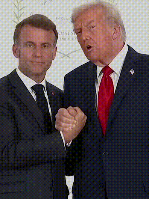 본문 이미지 - 도널드 트럼프 미국 대통령이 에마뉘엘 마크롱 프랑스 대통령에게 팔씨름을 연상시키는 기괴할 정도로 긴 악수를 건넸다고 NDTV가 14일(현지시간) 보도했다. (로이터 틱톡럼프,