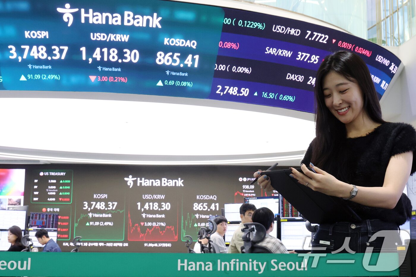 본문 이미지 - 코스피가 한미 무역협상 최종 타결 기대감에 사상 최고치를 새로 쓴 16일 오후 서울 중구 하나은행 본점 딜링룸 전광판에 증시 종가가 표시되고 있다. /뉴스1 ⓒ News1 박정호 기자