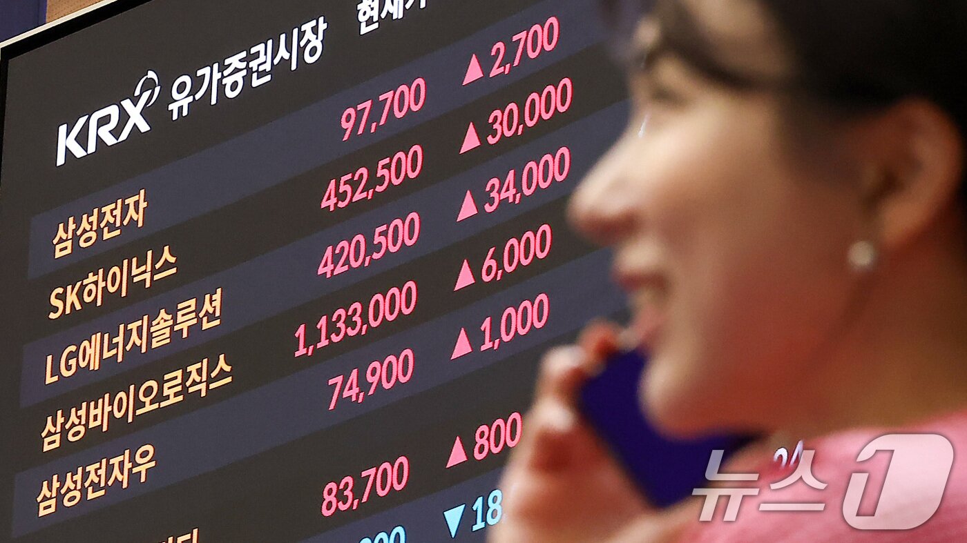 본문 이미지 - 코스피 지수가 3740선을 돌파하며 사상 최고치를 경신한 16일 서울 여의도 한국거래소 현황판에 삼성전자와 하이닉스 종가가 나오고 있다. 2025.10.16/뉴스1 ⓒ News1 김성진 기자