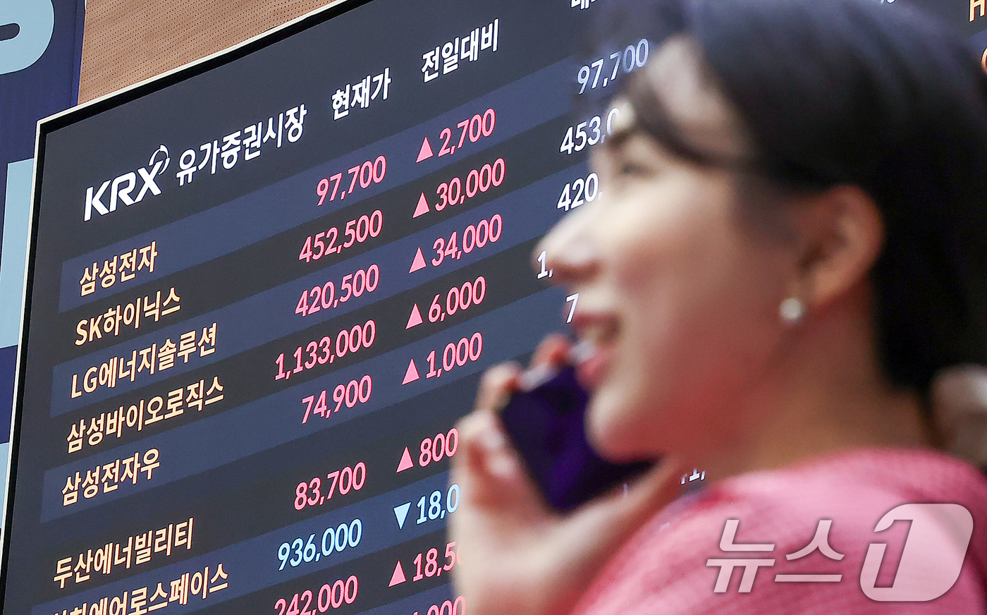 (서울=뉴스1) 김성진 기자 = 코스피 지수가 3740선을 돌파하며 사상 최고치를 경신한 16일 서울 여의도 한국거래소 현황판에 삼성전자와 하이닉스 종가가 나오고 있다.이날 삼성전 …