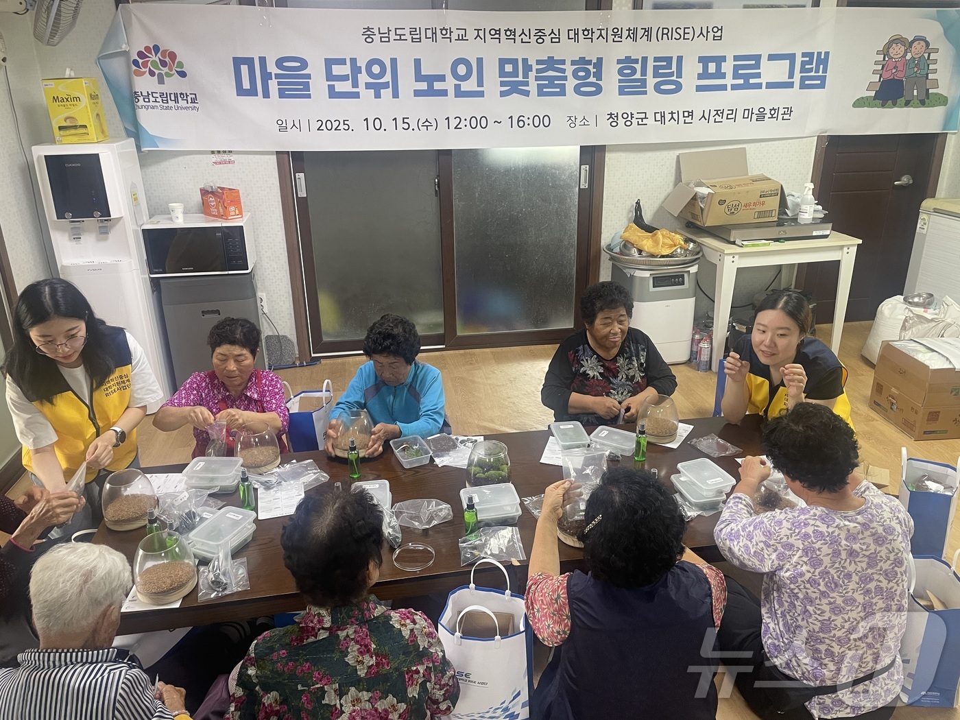 (청양=뉴스1) 이동원 기자 = 충남도립대학교 RISE(지역혁신중심 대학지원체계) 사업단은 청양군 대치면 시전리 마을을 찾아 ‘노인 맞춤형 힐링 프로그램’을 진행했다고 17일 밝혔 …