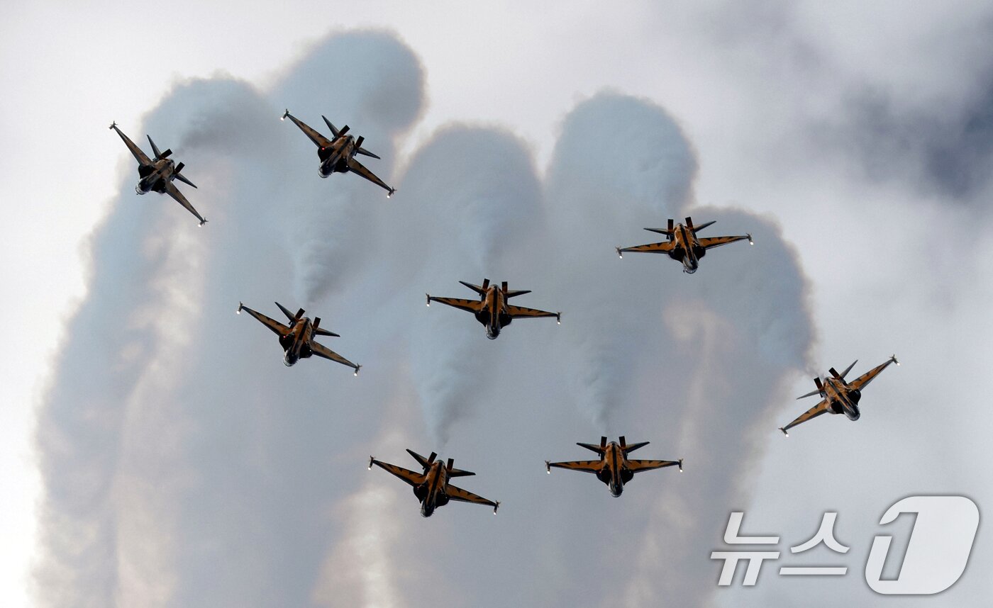 본문 이미지 - 17일 경기 성남시 수정구 서울공항에서 열린 &#39;서울 국제 항공우주 및 방위산업 전시회&#39;&#40;서울 ADEX 2025&#41;&#39;에서 공군 특수비행팀 블랙이글스가 화려한 에어쇼를 선보이고 있다. 2025.10.17/뉴스1 ⓒ News1 김영운 기자