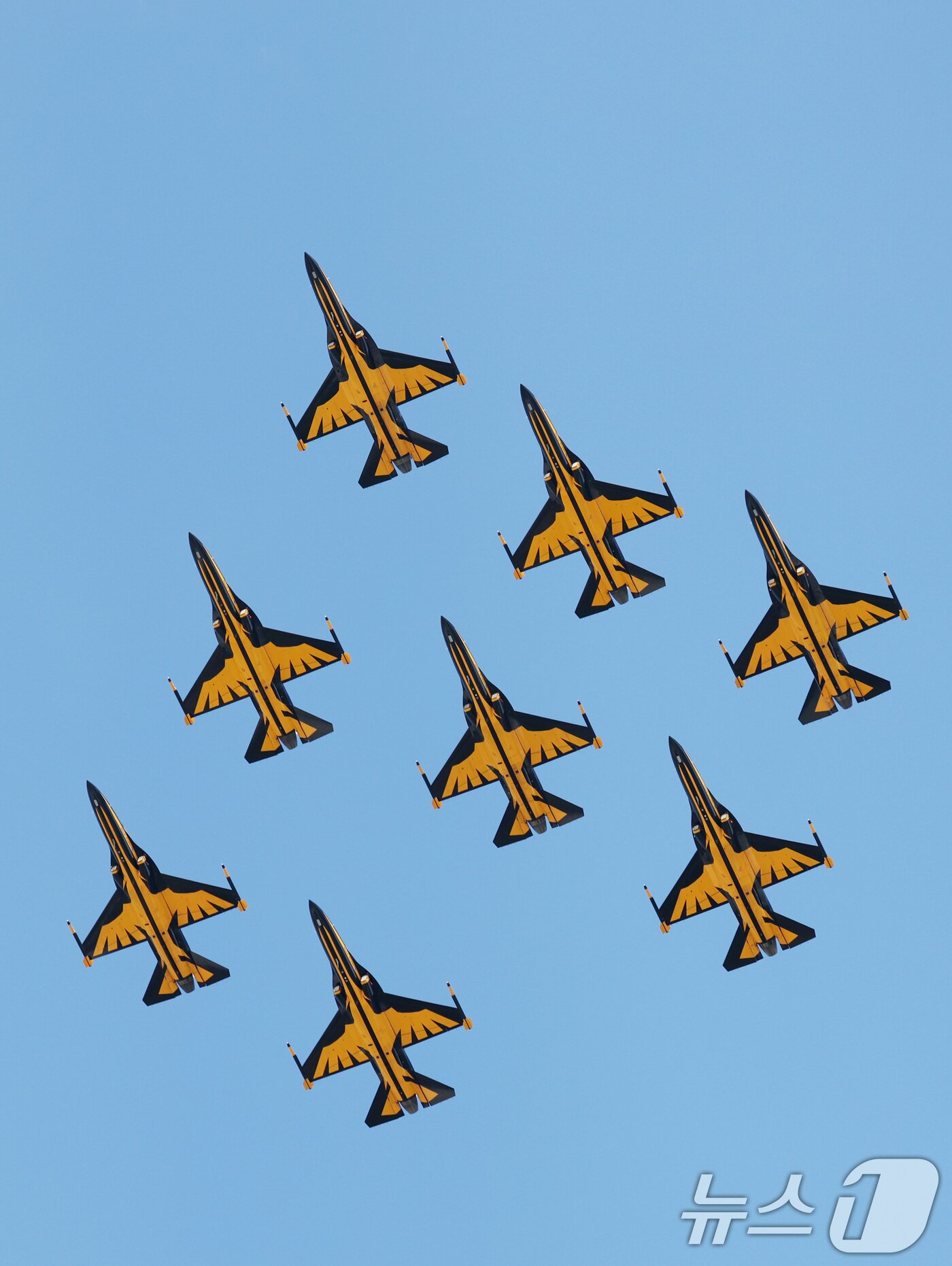 본문 이미지 - 17일 경기 성남시 수정구 서울공항에서 열린 &#39;서울 국제 항공우주 및 방위산업 전시회&#39;&#40;서울 ADEX 2025&#41;&#39;에서 공군 특수비행팀 블랙이글스가 화려한 에어쇼를 선보이고 있다. 2025.10.17/뉴스1 ⓒ News1 김영운 기자