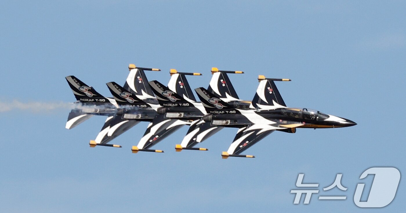 본문 이미지 - 공군 특수비행팀 블랙이글스가 화려한 에어쇼를 선보이고 있다./뉴스1 ⓒ News1 김영운 기자