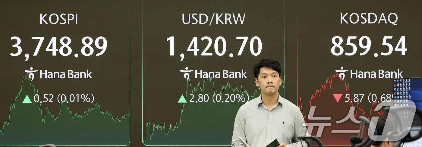 (서울=뉴스1) 박지혜 기자 = 17일 오후 서울 중구 하나은행 딜링룸 전광판에 종가 기준 사상 최고가를 경신한 코스피 지수가 나타나고 있다.이날 코스피는 전일 종가와 비교해 0. …