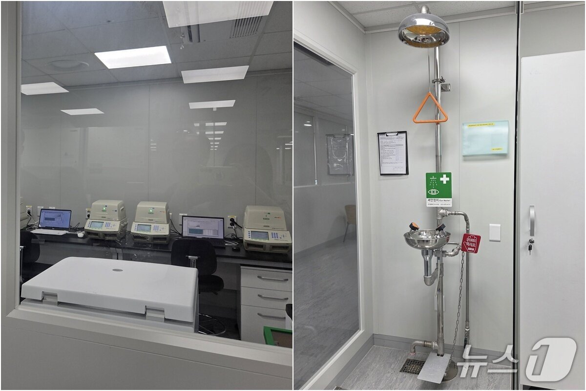 본문 이미지 - 분자검사실 PCR 장비&#40;왼쪽&#41;와 응급 세안장치 ⓒ 뉴스1 한송아 기자