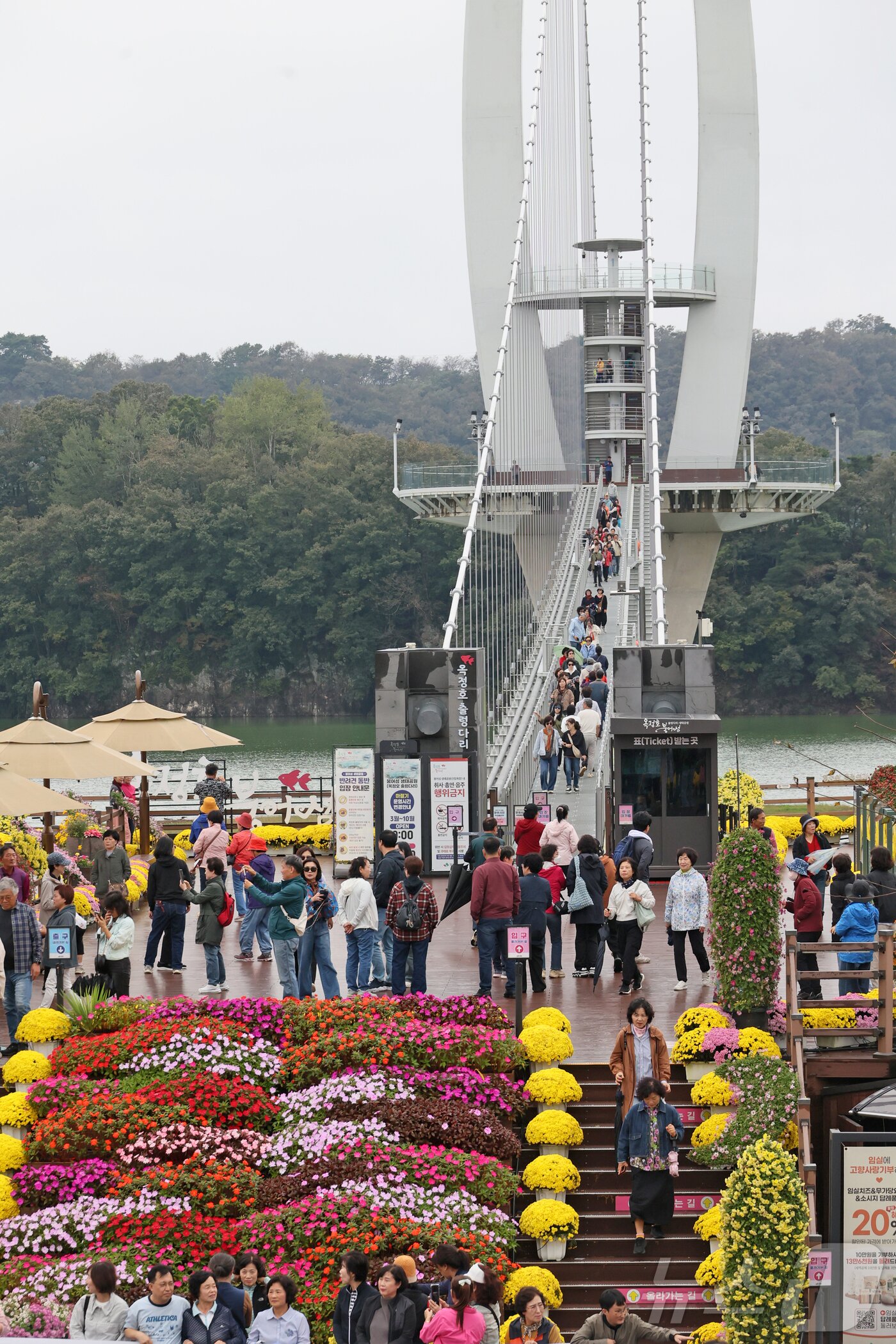 본문 이미지 - 18일 비가 내리는 가운데 전북 임실군 옥정호 출렁다리에 많은 관광객들이 몰렸다. &#40;임실군제공&#41;2025.10.18/뉴스1 ⓒ News1 김동규 기자