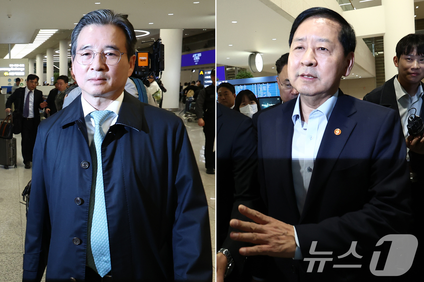 (인천공항=뉴스1) 김민지 기자 = 한미 관세협상 후속 논의를 위해 미국 워싱턴DC를 찾아 막판 협상을 벌이고 돌아온 김용범 대통령실 정책실장(왼쪽)과 구윤철 경제부총리 겸 기획재 …