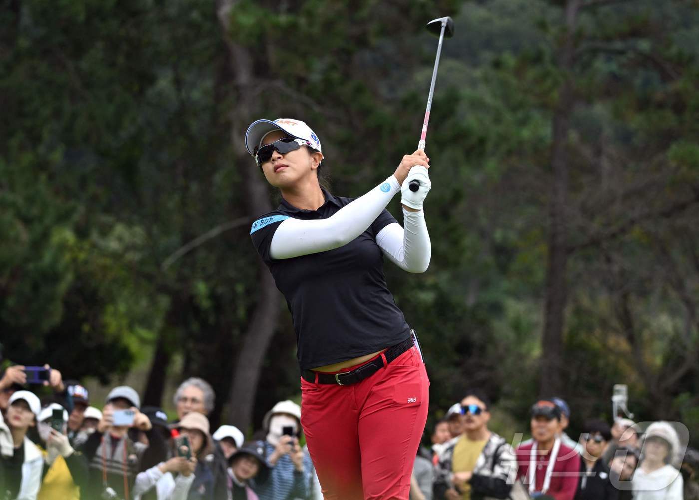 (AFP=뉴스1) = 김세영이 19일 전남 해남 파인비치 골프링크스에서 열린 미국여자프로골프(LPGA) 투어 BMW 레이디스 챔피언십 2025 최종라운드 5번홀에서 티샷을 하고 있 …