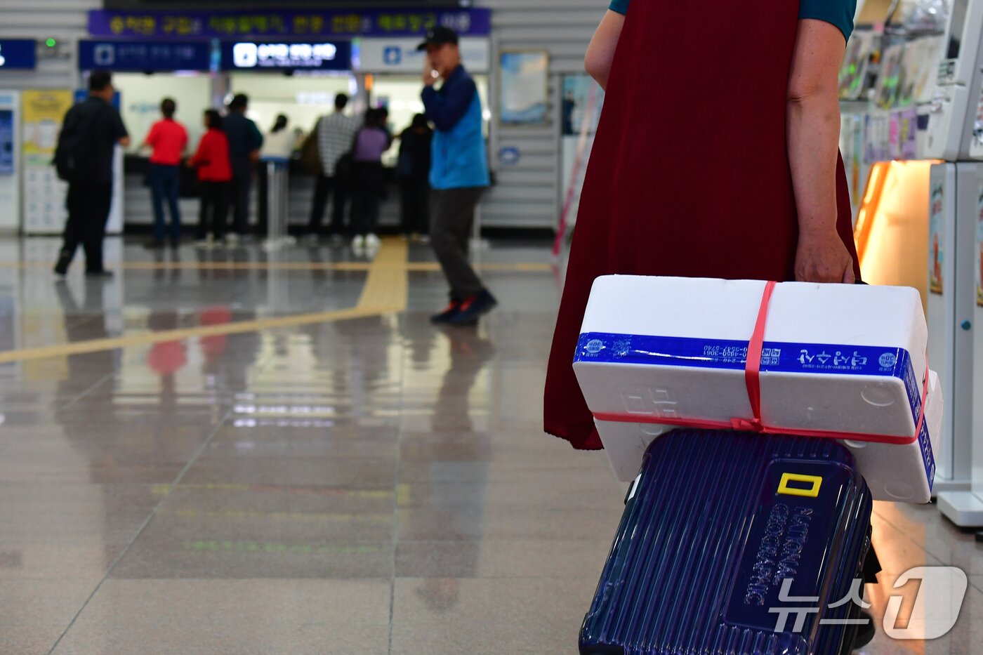 본문 이미지 - 추석 귀성행렬이 시작된 2일 오후 경북 포항 KTX역에서 한 시민이 죽도시장에서 구매한 문어가 담긴 박스를 들고 플랫폼으로 향하고 있다.2025.10.2/뉴스1 ⓒ News1 최창호 기자