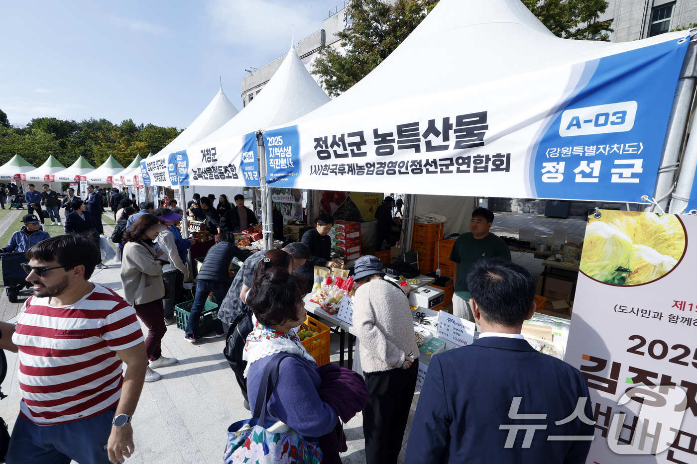 (서울=뉴스1) 박정호 기자 = 20일 오후 서울 중구 서울광장에서 전국농어촌지역군수협의회와 NH농협중앙회가 함께한 2025 지역상생 직판행사를 찾은 시민들이 각 지역 부스에서 물 …