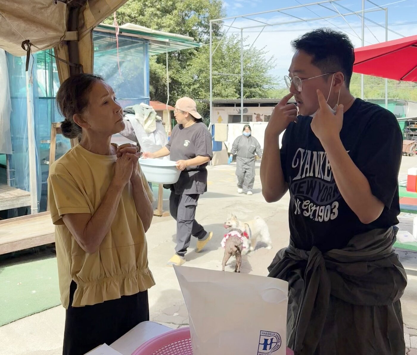 본문 이미지 - 이재원 원장(오른쪽)과 이용녀 소장이 보호 동물들의 건강 상담을 하고 있다(병원 제공). ⓒ 뉴스1