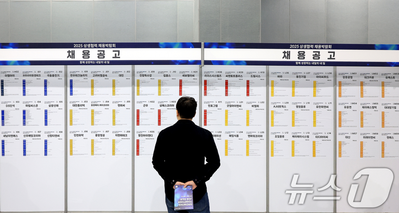 (서울=뉴스1) 이호윤 기자 = 21일 서울 강서구 코엑스 마곡에서 열린 '2025 상생협력 채용박람회'를 찾은 구직자가 채용공고를 살펴보고 있다. 이번 박람회는 13개 대기업 그 …