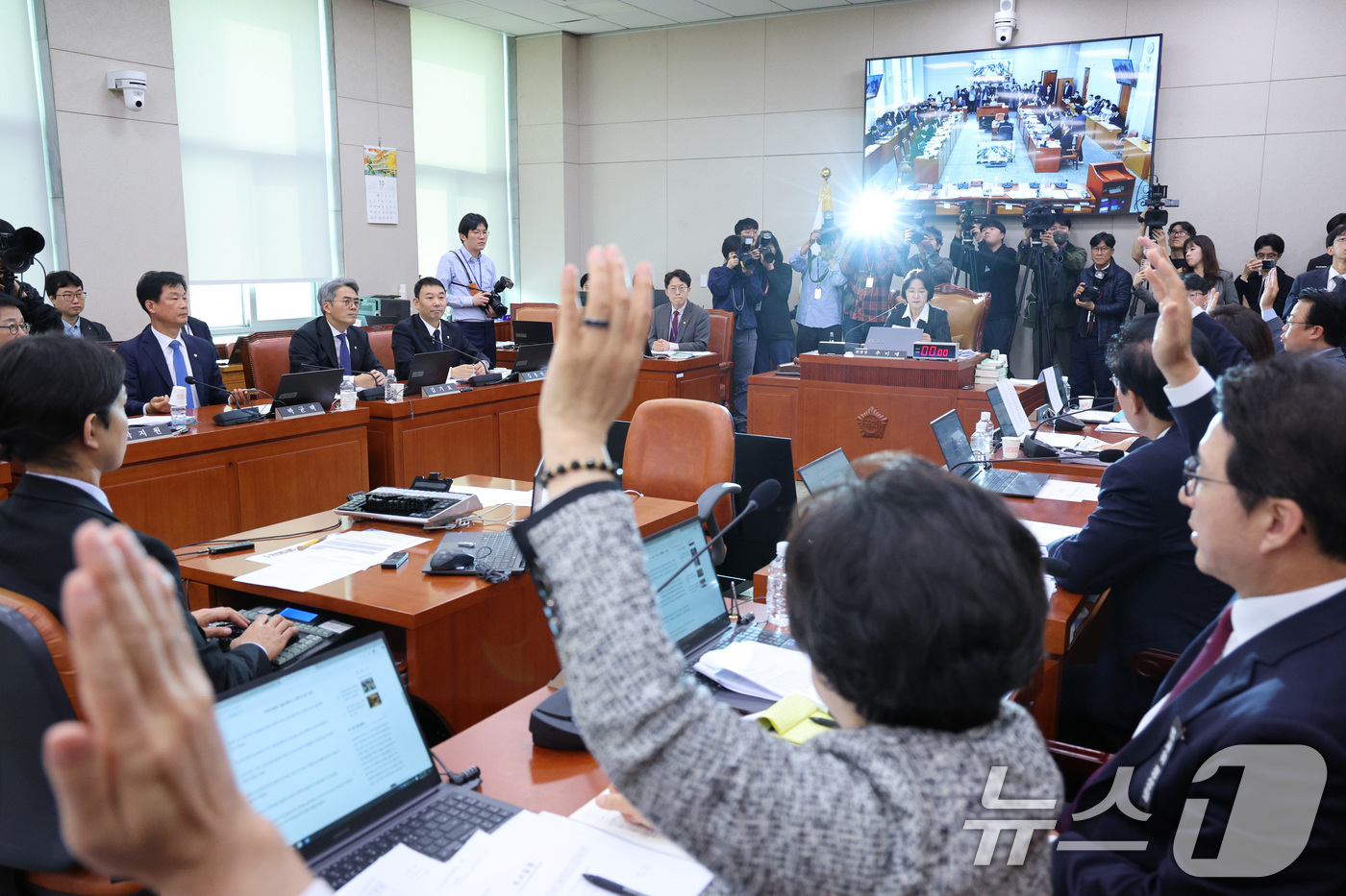 (서울=뉴스1) 신웅수 기자 = 21일 서울 여의도 국회에서 열린 법제사법위원회 대전고법 등에 대한 국정감사에서 오창훈 제주지법 부장판사 등에 대한 동행명령장 발부에 대한 거수 투 …