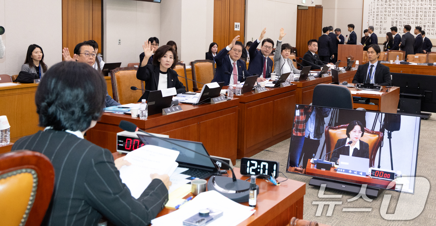 (서울=뉴스1) 이승배 기자 = 21일 서울 여의도 국회에서 열린 법제사법위원회 대전고법 등에 대한 국정감사에서 국민의힘 법사위원들이 불출석한 오창훈 제주지방법원 부장판사 및 증인 …