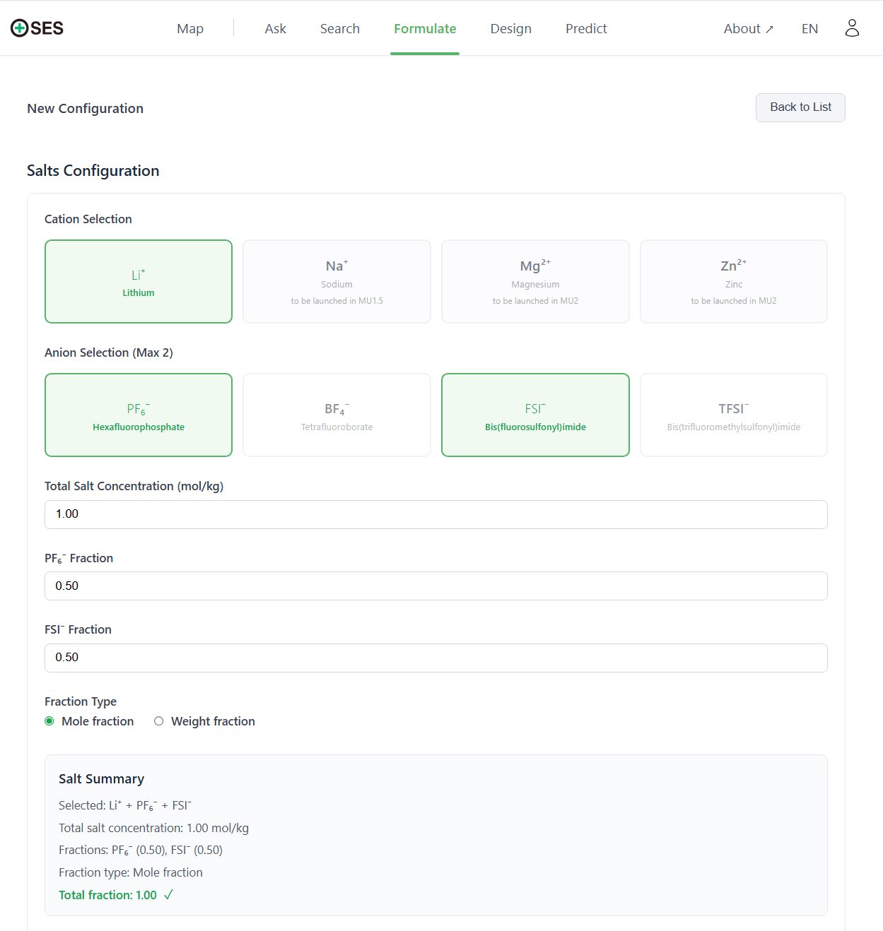 본문 이미지 - Formulate: 발견한 분자를 활용해 새로운 전해질 조성을 설계하는 화면 / 이미지=SES AI 제공