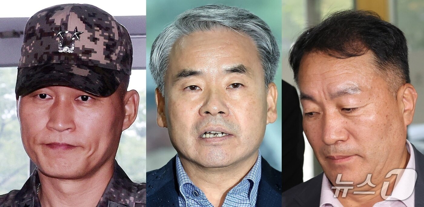 본문 이미지 - 왼쪽부터 박진희 전 국방부 군사보좌관&#40;육군 소장&#41;, 이종섭 전 국방부 장관, 김계환 전 해병대사령관. 2025.10.22./ⓒ 뉴스1