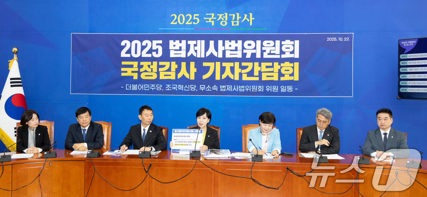 (서울=뉴스1) 이승배 기자 = 전현희 더불어민주당 의원이 22일 서울 여의도 국회에서 열린 '더불어민주당, 조국혁신당, 무소속 법제사법위원회위원 ' 국정감사 기자간담회에서 대법원 …