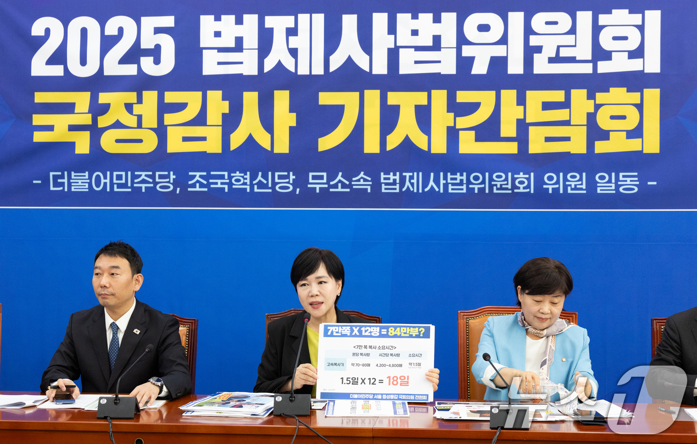 (서울=뉴스1) 이승배 기자 = 전현희 더불어민주당 의원이 22일 서울 여의도 국회에서 열린 '더불어민주당, 조국혁신당, 무소속 법제사법위원회위원 ' 국정감사 기자간담회에서 대법원 …