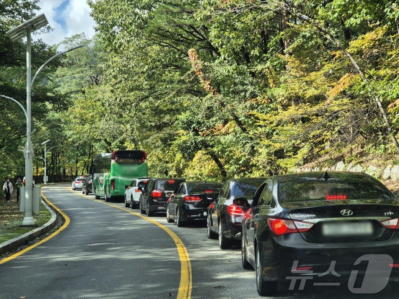 본문 이미지 - 23일 강원 속초시 설악산국립공원 진입도로 일대가 단풍 절정을 맞아 차량들로 붐비고 있다. 2025.10.23/뉴스1 ⓒ News1 윤왕근 기자
