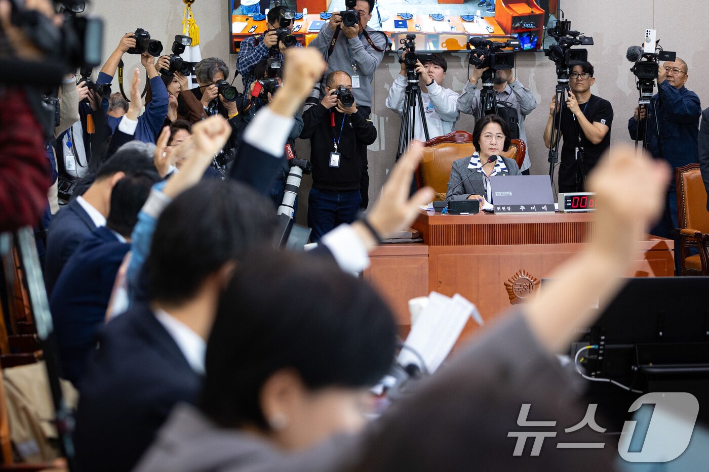 본문 이미지 - 추미애 국회 법제사법위원장이 23일 서울 여의도 국회에서 열린 제429회 국회&#40;정기회&#41; 법제사법위원회 제11차 전체회의에서 임성근 전 해병대 1사단장에 대한 위증고발 건과 관련 토론종결 거수 표결을 지켜보고 있다. 2025.10.23/뉴스1 ⓒ News1 유승관 기자