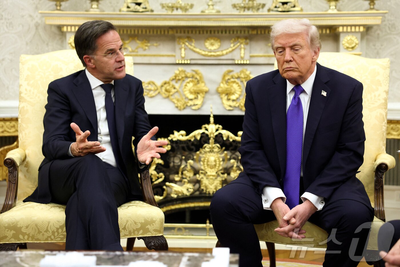 본문 이미지 - 마르크 뤼터 북대서양조약기구(NATO) 사무총장이 지난해 10월 22일(현지시간) 미국 백악관에서 도널드 트럼프와 회담을 하고 있다. 2025.10.22./뉴스1 ⓒ 로이터=뉴스1 ⓒ News1 이창규 기자