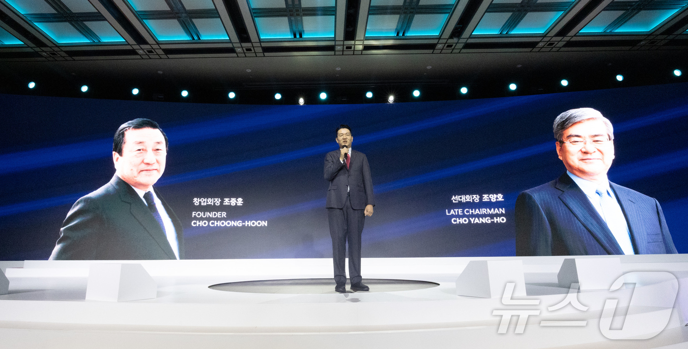 (서울=뉴스1) = 조원태 한진그룹 회장이 23일 서울 용산구 그랜드하얏트호텔에서 열린 한진그룹 80주년 기념식 매체설명회에서 발언하고 있다. (한진그룹 제공. 재판매 및 DB금지 …