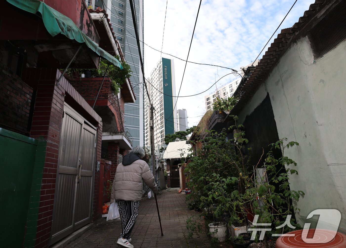 본문 이미지 - 정부의 10·15 부동산 대책 발표 이후 서울을 중심으로 거래절벽과 매물 잠김 현상이 뚜렷해지고 있다. 사진은 지난 24일 서울 노원구 상계5 재정비촉진구역의 노후 주택 뒤로 고층 아파트가 들어선 모습. 2025.10.24/뉴스1 ⓒ News1 오대일 기자