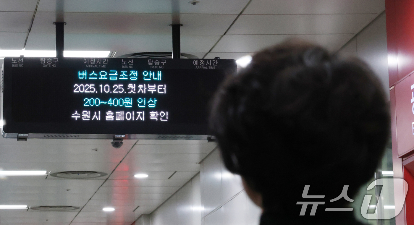 (수원=뉴스1) 김영운 기자 = 경기도 시내버스 요금 인상을 하루 앞둔 24일 오후 경기 수원시 영통구 광교중앙역 버스환승센터 전광판에 버스요금 인상 안내 문구가 나오고 있다.이번 …