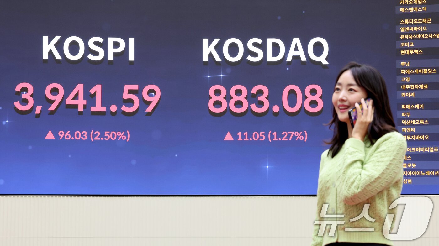본문 이미지 - 서울 영등포구 여의도 한국거래소 모니터에 코스피 시황이 표시되고 있다. /뉴스1 ⓒ News1 이호윤 기자