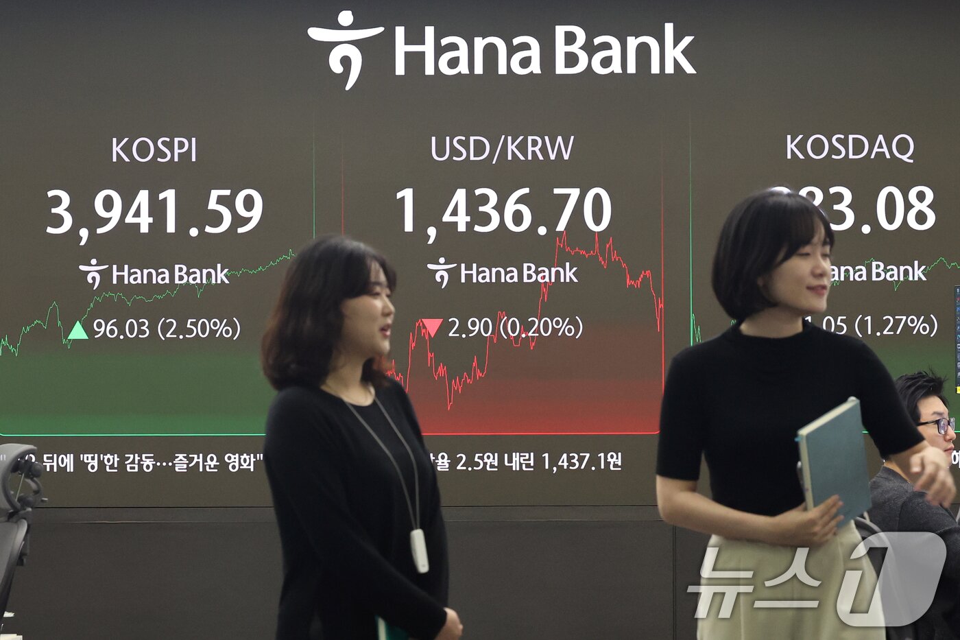 본문 이미지 - 코스피지수가 종가 기준 사상 최고치를 경신한 24일 오후 오후 서울 중구 하나은행 본점 딜링룸 전광판에 종가가 표시되고 있다.  2025.10.24/뉴스1 ⓒ News1 황기선 기자