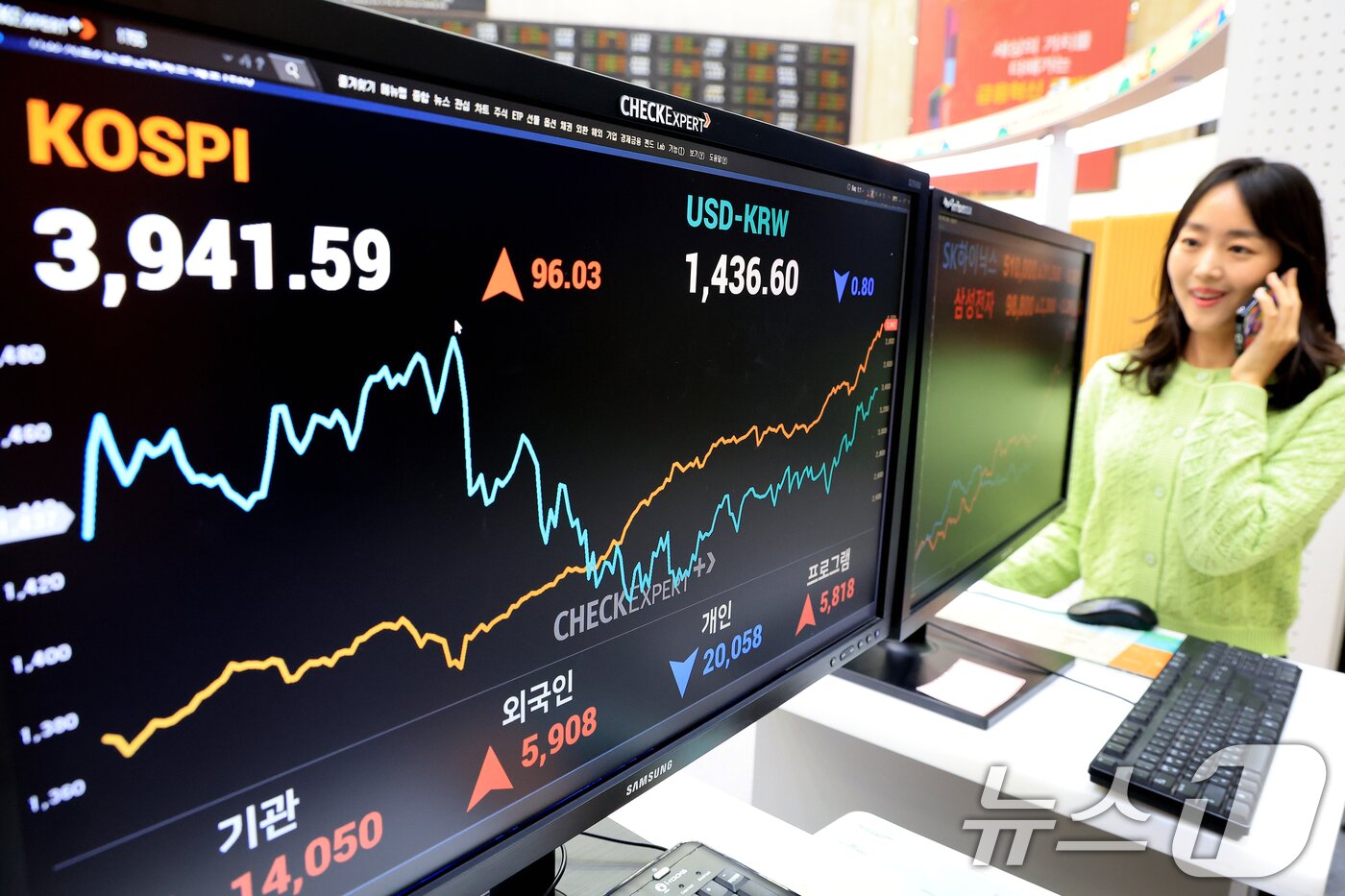 본문 이미지 - 코스피가 역대 최고가를 기록한 24일 서울 영등포구 여의도 여의도 한국거래소 모니터에 코스피 시황이 표시되고 있다.  2025.10.24/뉴스1 ⓒ News1 이호윤 기자