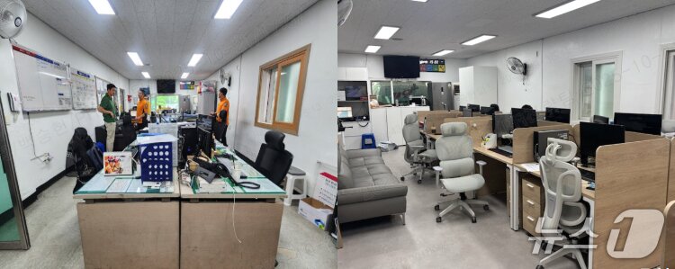 본문 이미지 - 한샘이 부산 해운대소방서 반여119안전센터의 사무실, 대기실, 샤워실 등 노후 시설을 새단장했다. 사진은 사무 공간 개선 전(왼쪽)과 후의 모습 (한샘 제공. 재판매 및 DB금지)